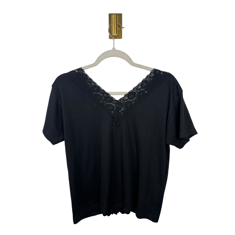 Energie Vintage Cotton Blend Whimsigoth Lace V-Neck Button Front Top Black Large